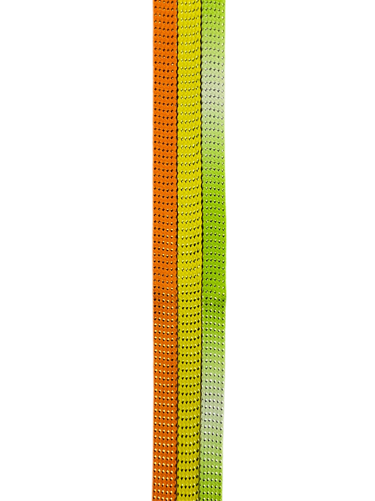 Three colorful shoe laces, one orange and one green, and one yellow on a white background