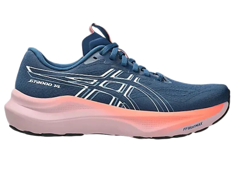 Blue running shoe with pink sole on a light gray background