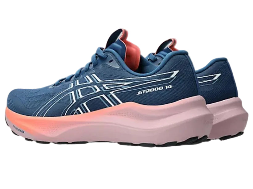 Blue and pink running shoe with a gradient sole on a light gray background