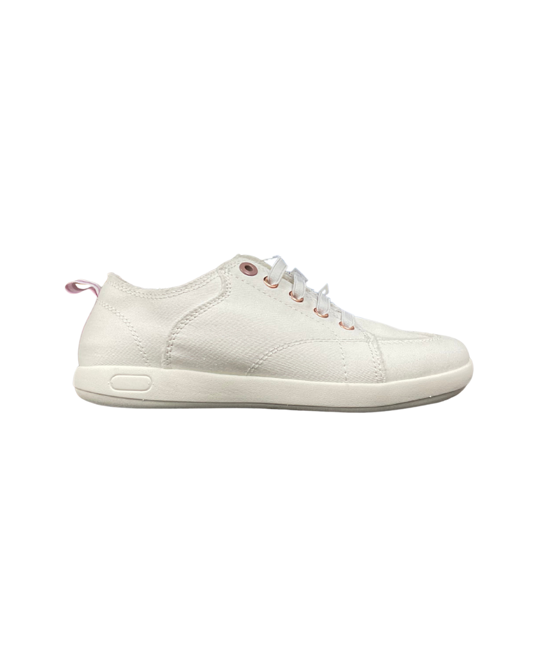 A low-top white sneaker with white laces, a textured upper, and a small pink pull tab on the heel, shown in a side profile against a plain white background.