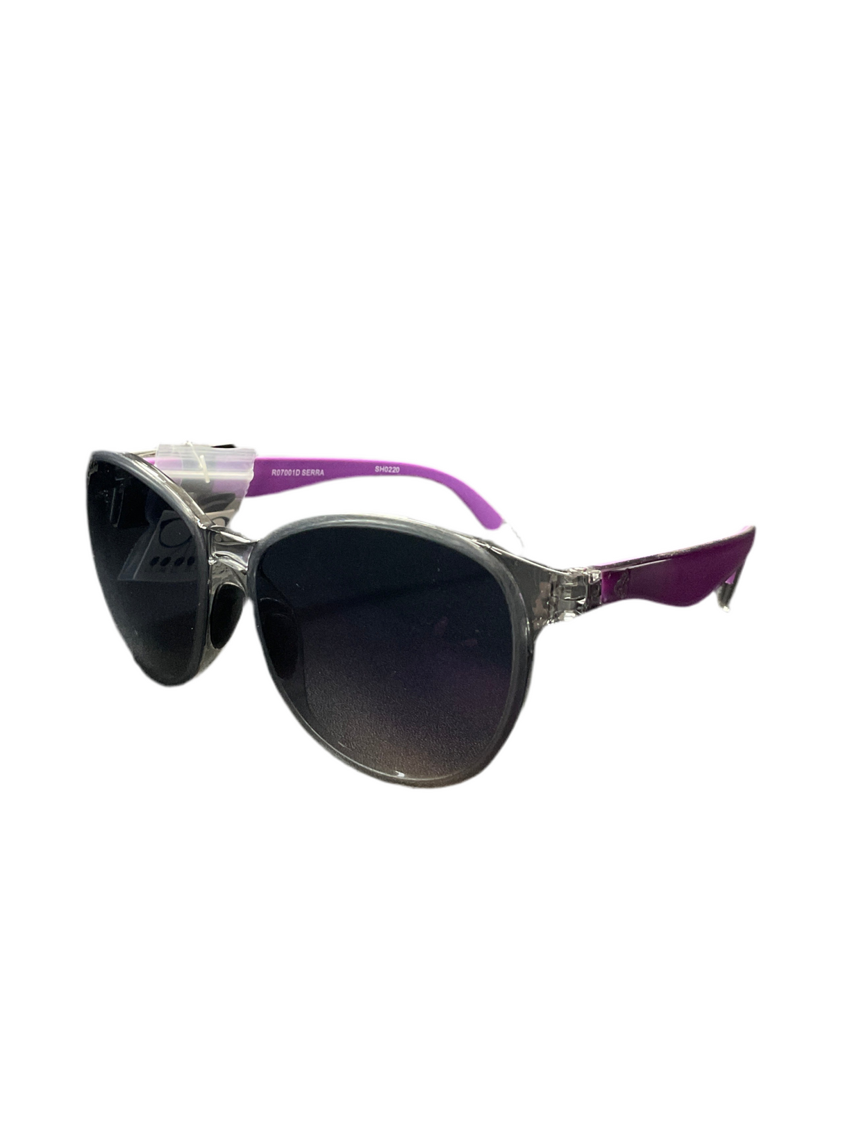 A pair of RYE sunglasses with smoke gray lenses and purple accents on the arms.