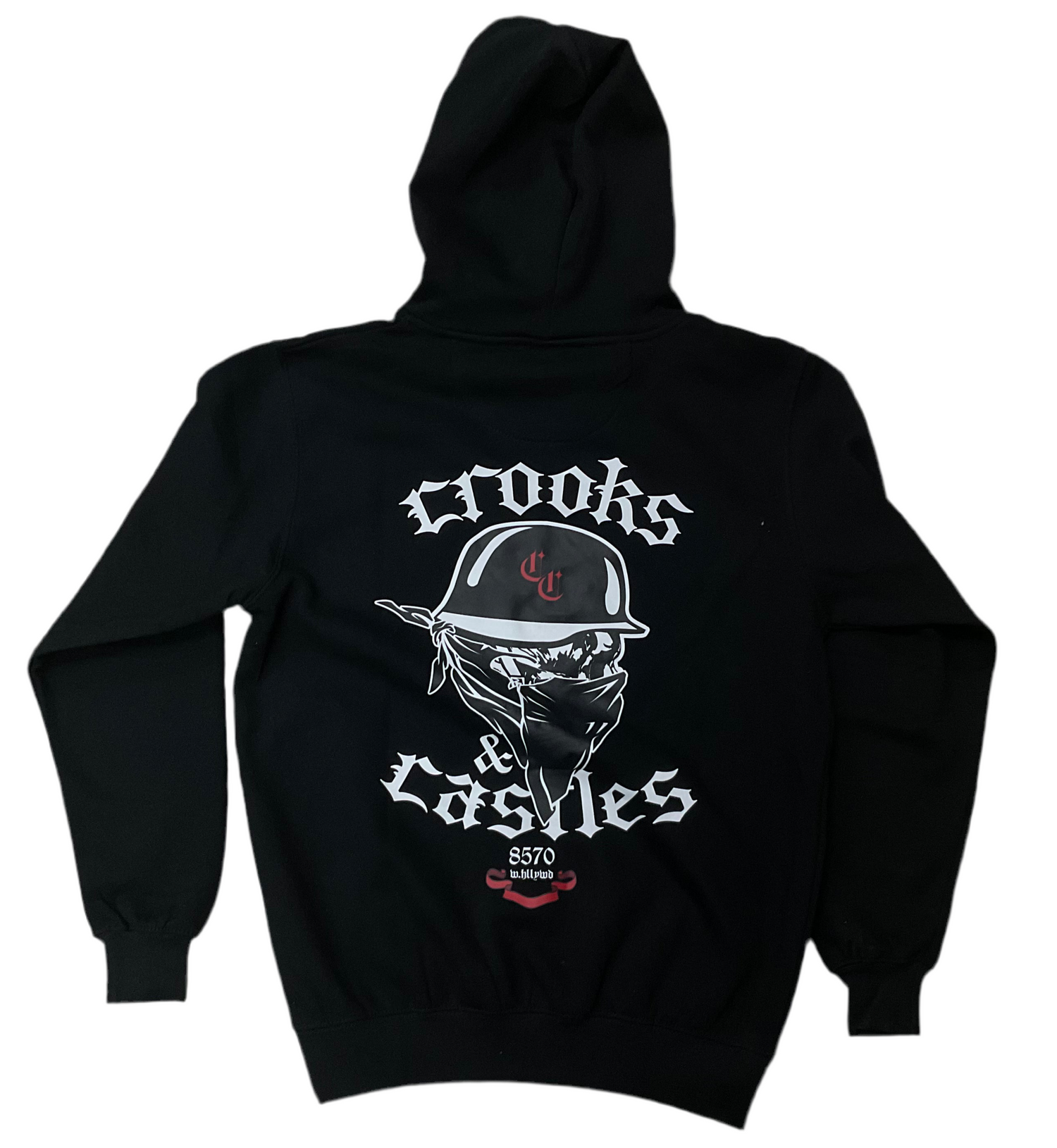 Black hoodie with graphic design on the back on a white background