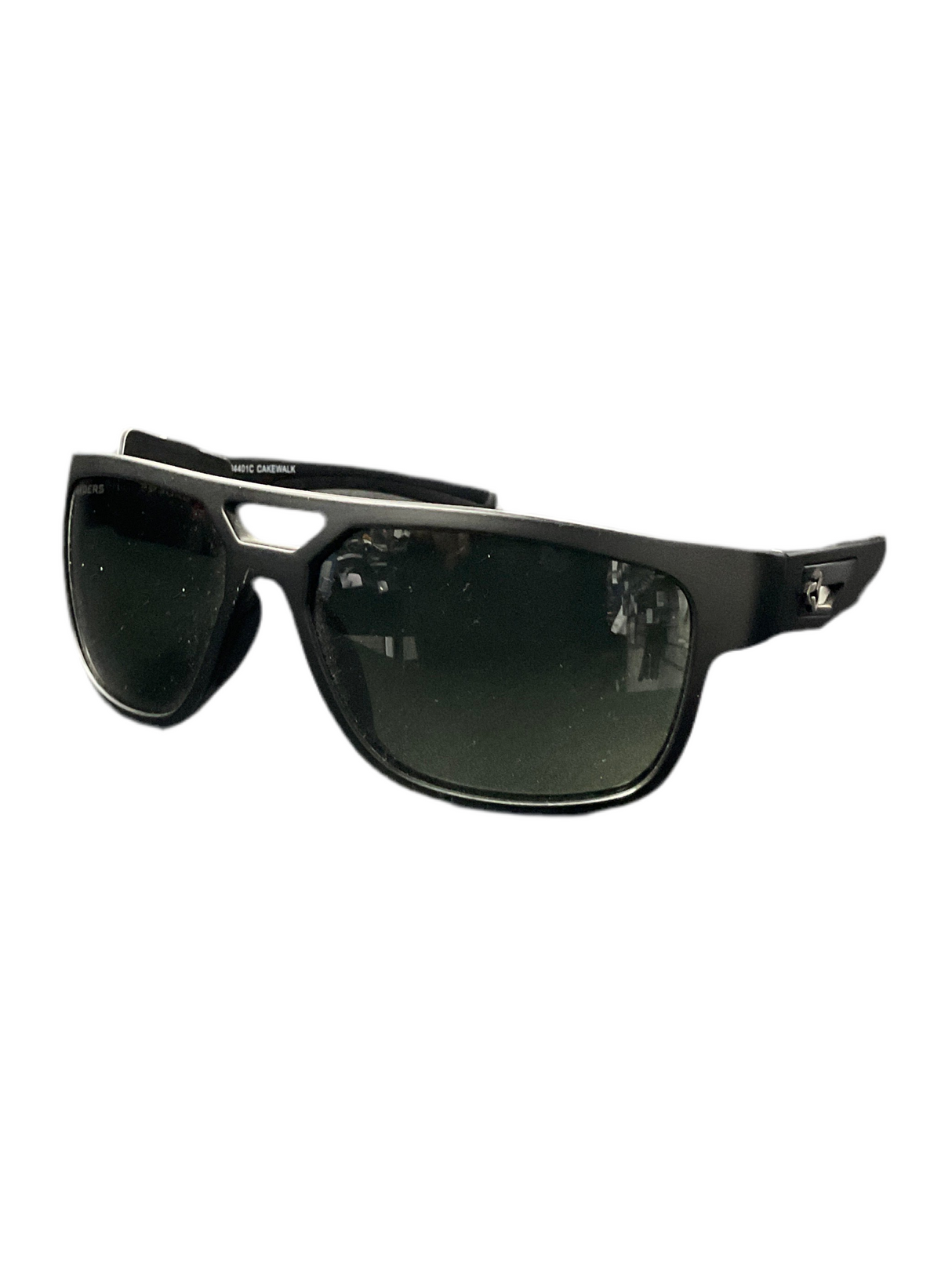 A pair of black RYE sunglasses with green lenses.