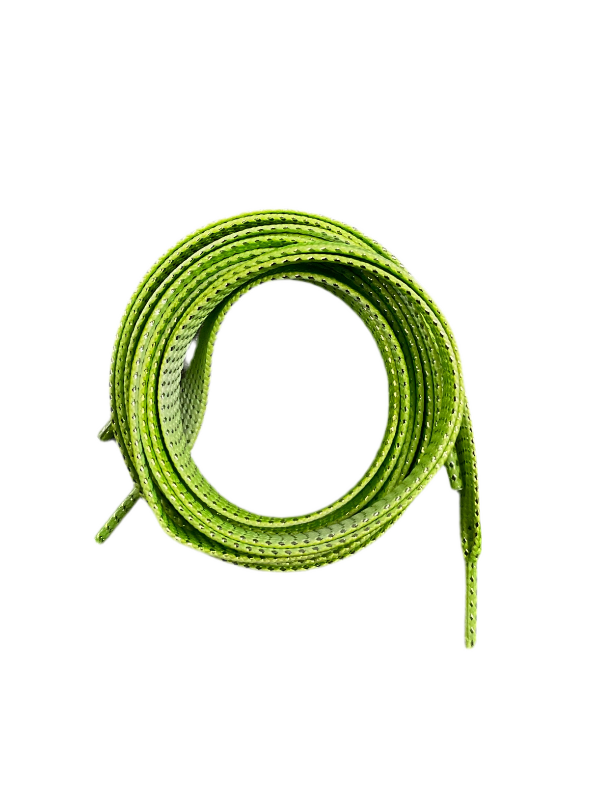 Green shoelaces coiled on a white background