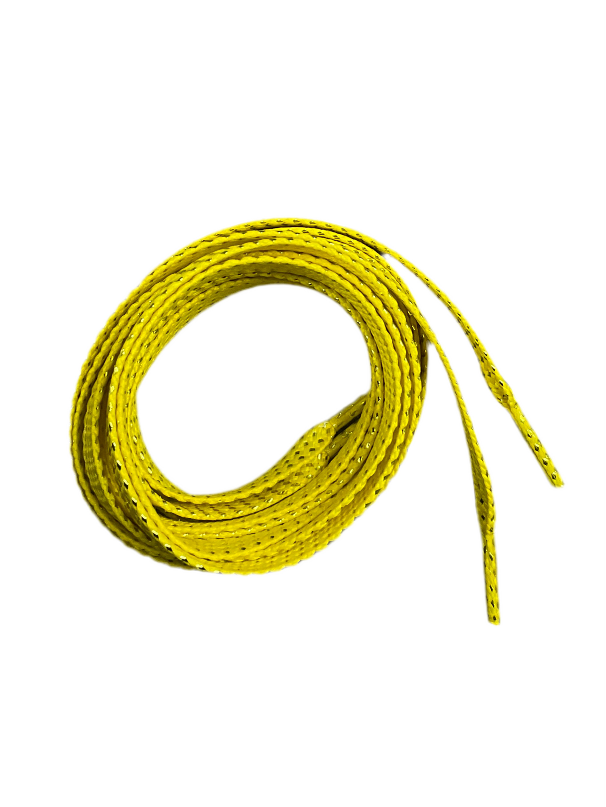 Yellow shoelace coiled on a white background