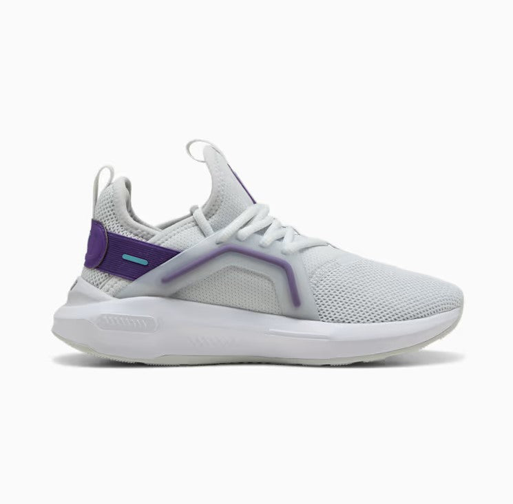 White and purple Puma sneaker on a white background.  Can be purchased at www.sneakersplus.ca