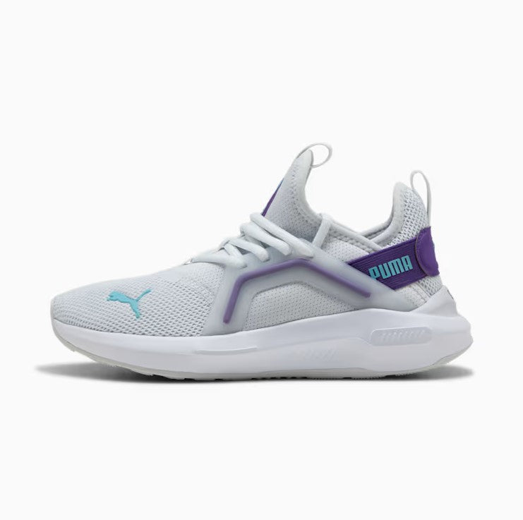 White and purple sneaker with Puma logo on a white background
