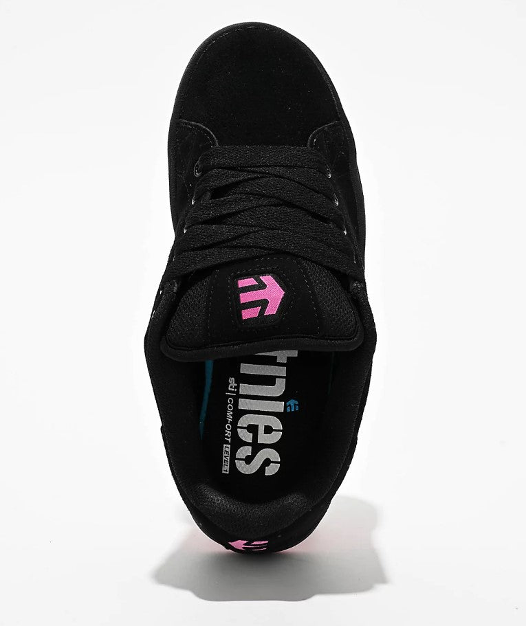 Black sneaker with pink logo on a white background