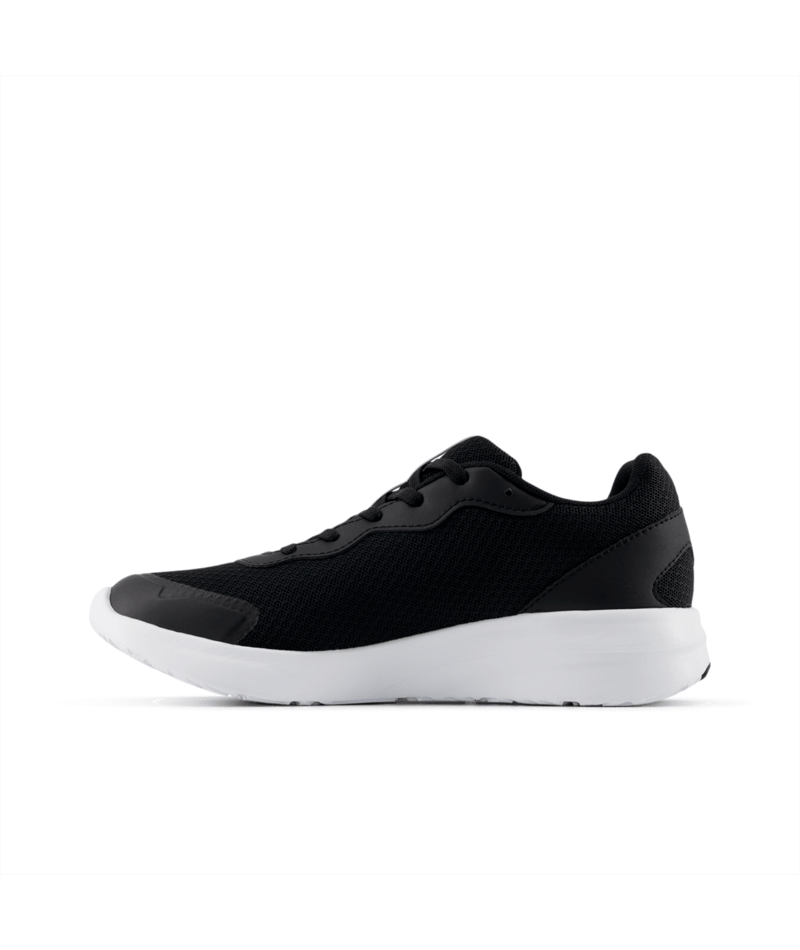 Black athletic shoe with white sole on a white background
