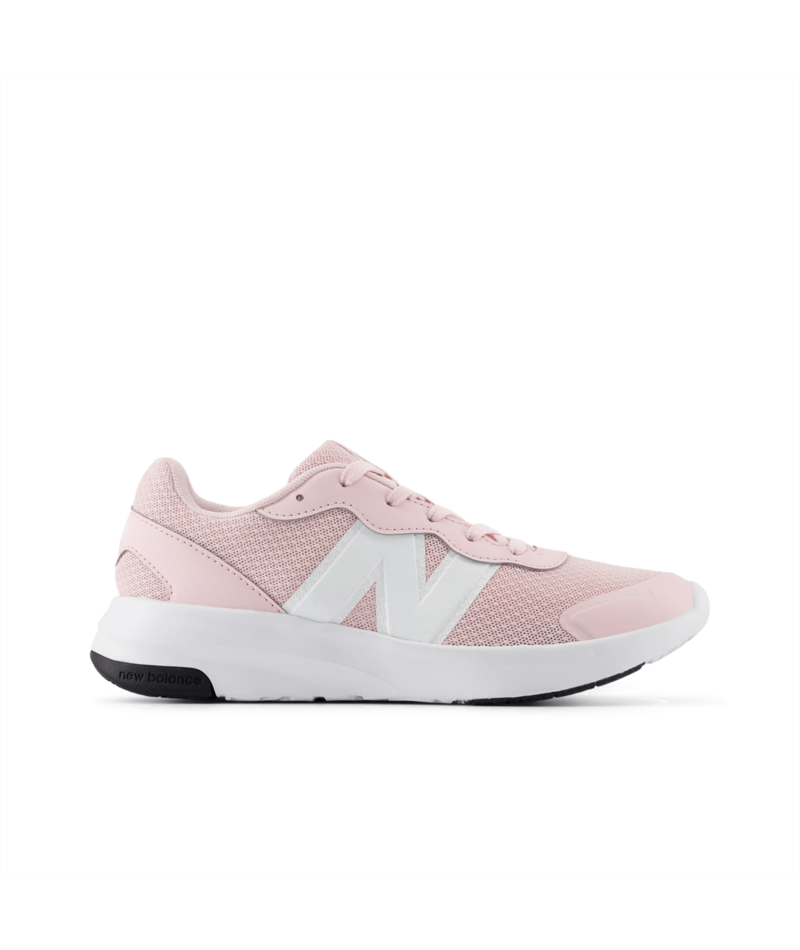 Pink sneaker with white New Balance logo on a light gray background. Can be purchased at www.sneakersplus.ca