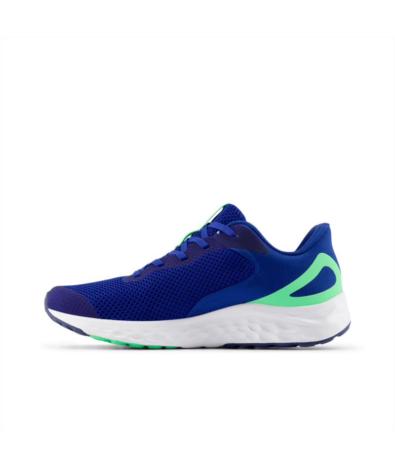 Blue running shoe with green accents on a white background