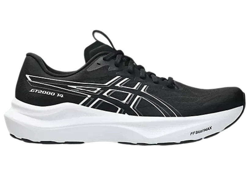Black running shoe with white sole on a gray background