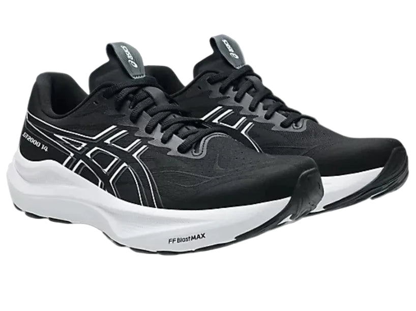 Black running shoes with white soles on a light gray background