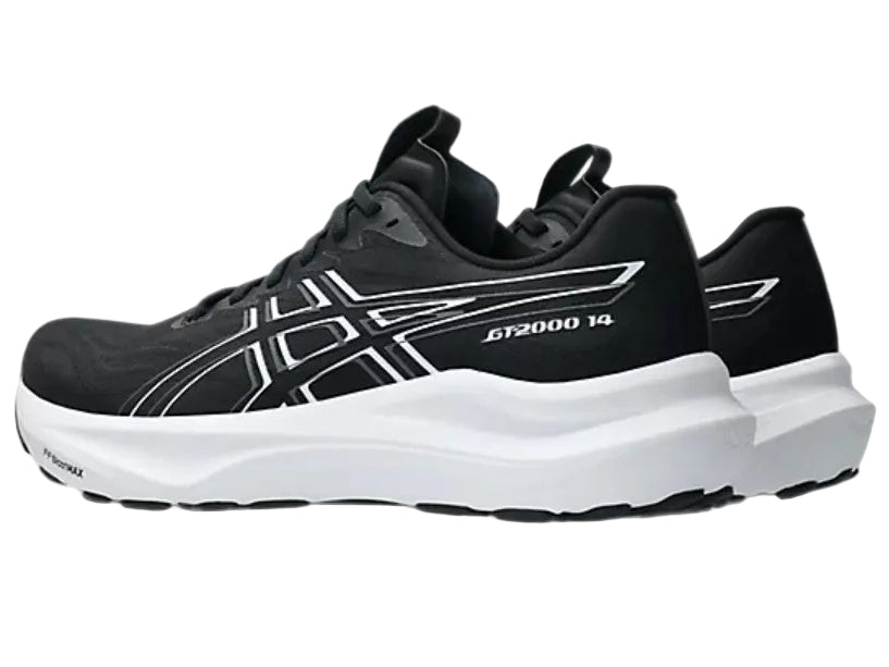 Black and white running shoe with visible branding on a light gray background