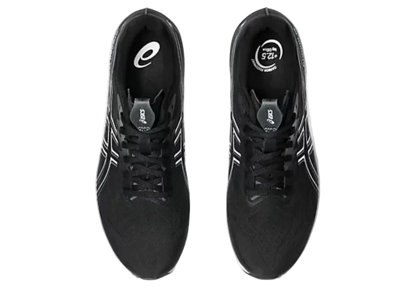 Black running shoes with white accents on a light gray background
