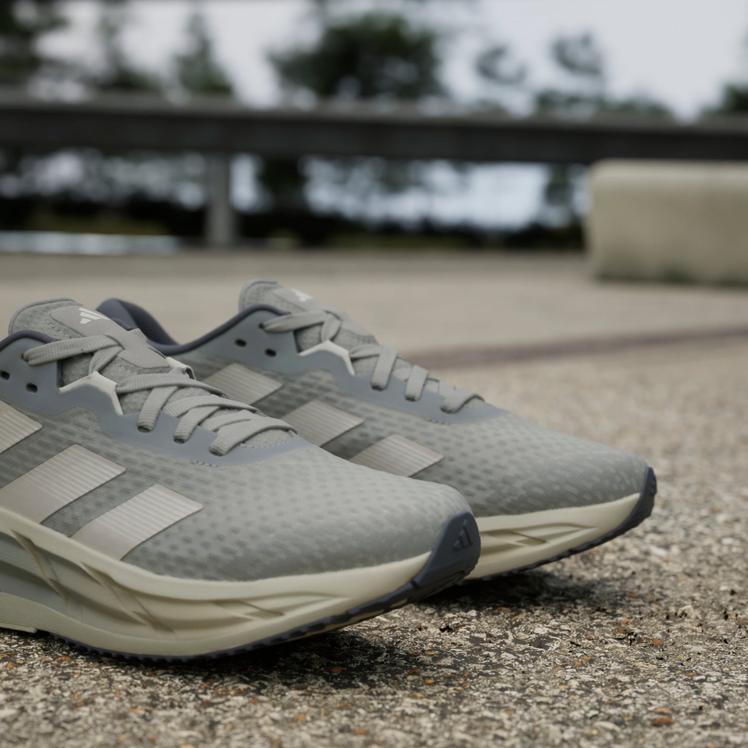 Gray running shoes with Adidas logo on a blurred outdoor background