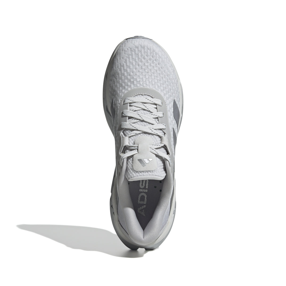 Gray athletic shoe with Adidas logo on a white background