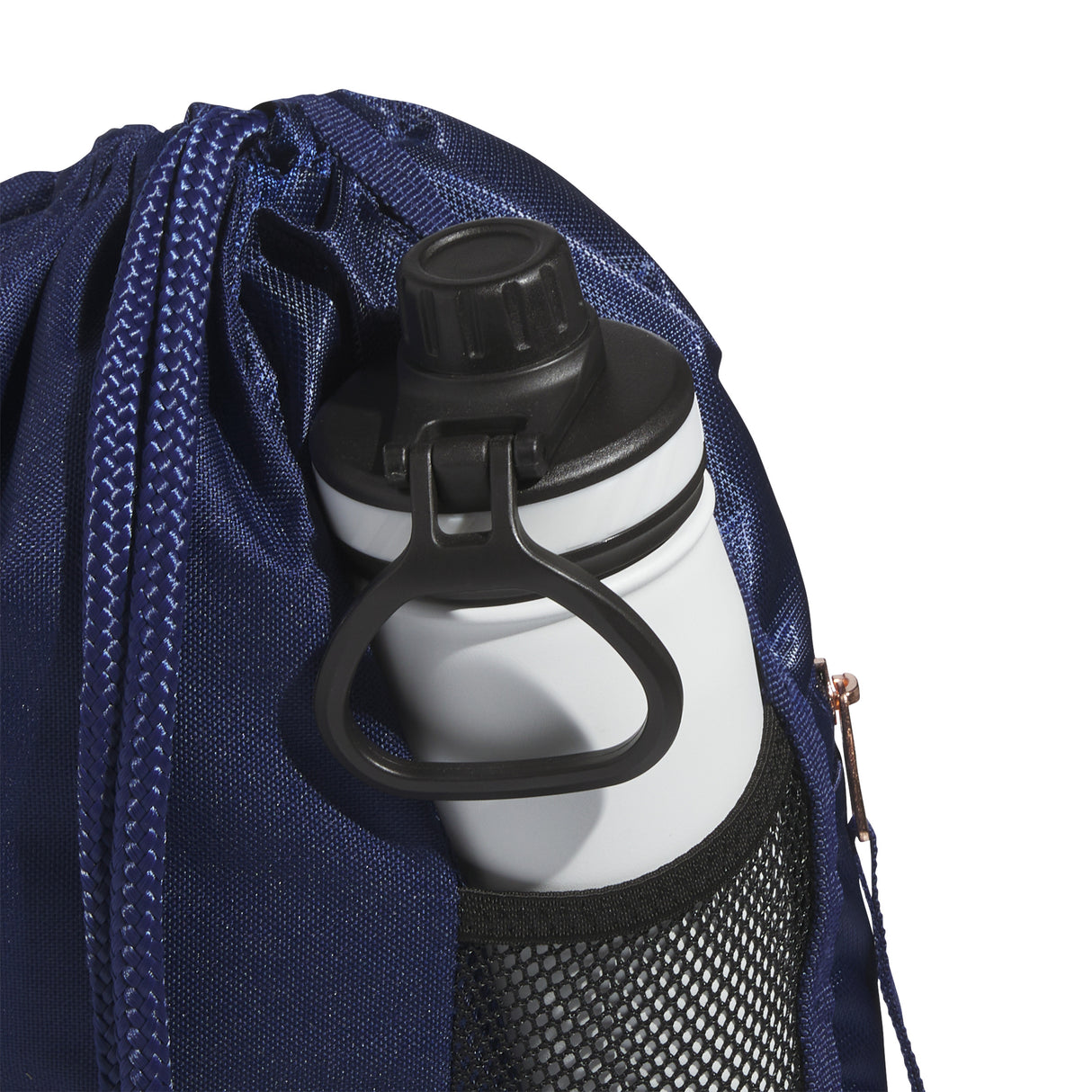 White water bottle with black cap and handle inside a blue drawstring bag