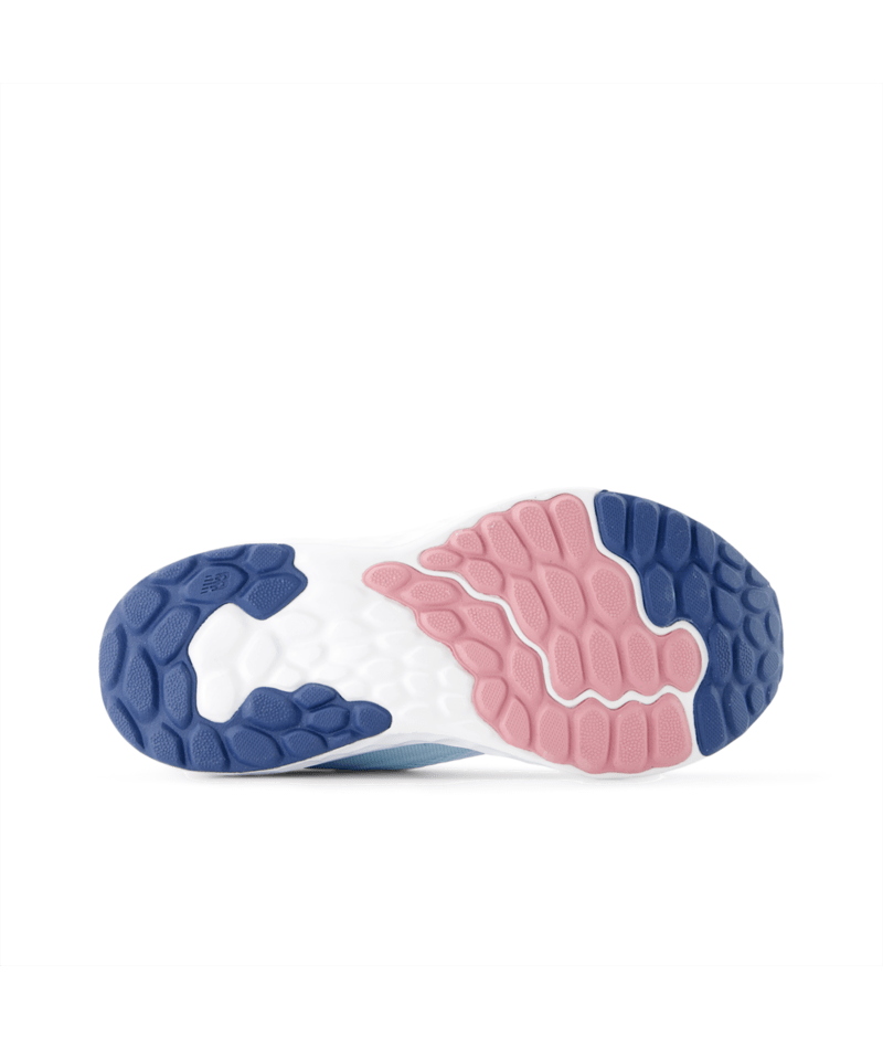 Close-up of a shoe sole with blue, white, and pink colors on a white background