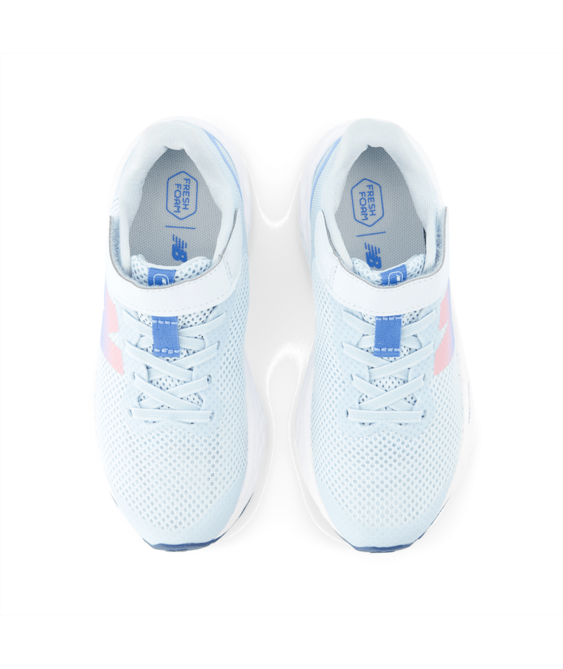 Pair of light blue running shoes with pink accents on a white background