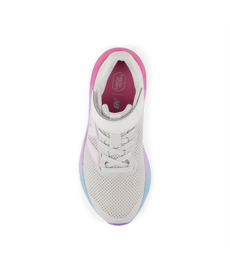 Light Grey athletic shoe with pink and purple sole from the top down view on a white background