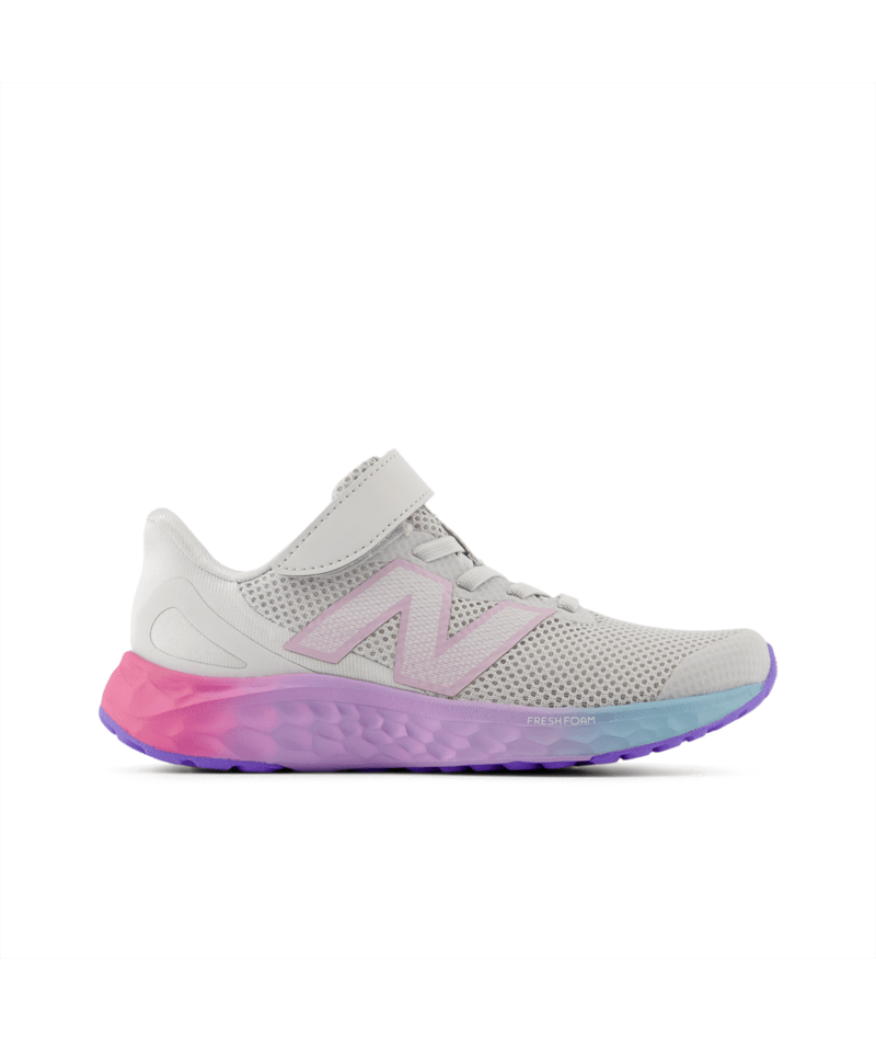 Light Grey athletic shoe with pink and purple sole on a white background