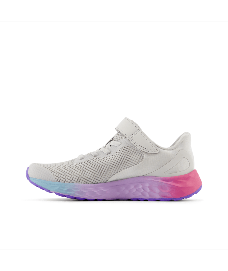 Light Grey athletic shoe with pink and purple sole on a white background