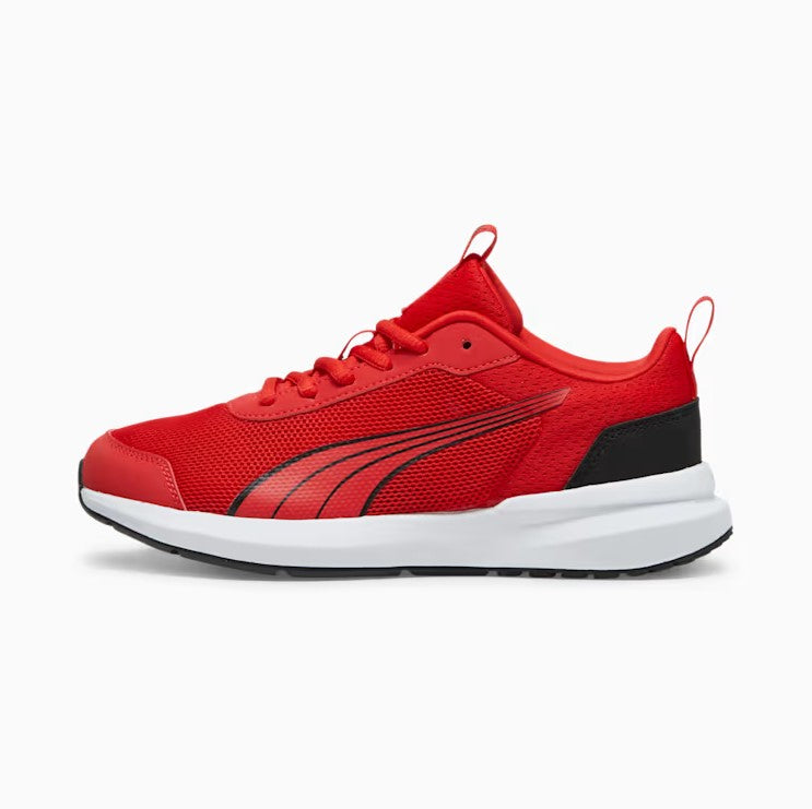Red running shoe with black accents on a white background