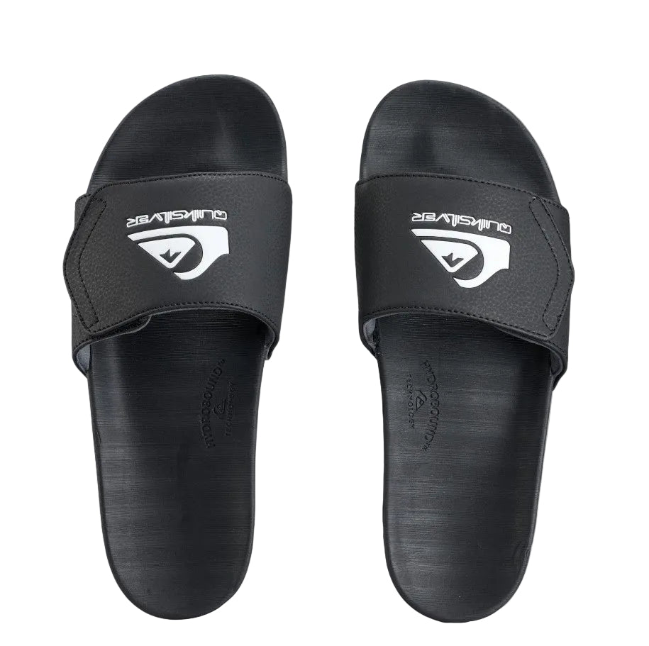 Black slides with a brand logo on a gray background