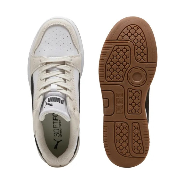 Beige Puma sneaker with white laces and sole on a white background