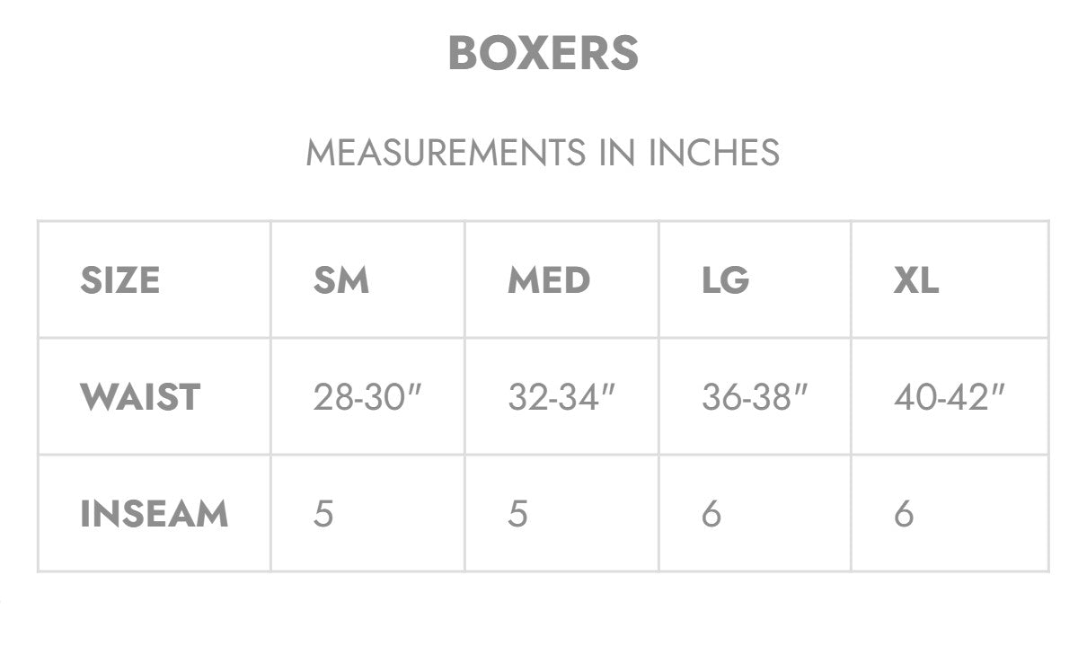 Boxers size chart with measurements in inches