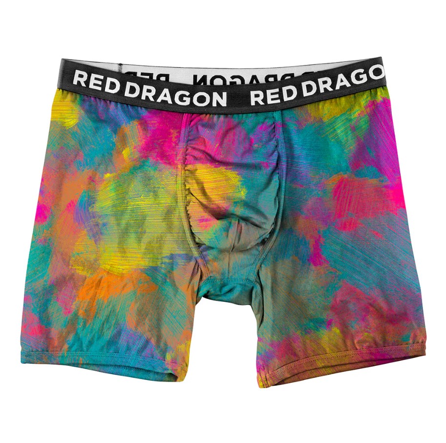 Colorful tie-dye boxer briefs with 'Red Dragon' waistband on a white background