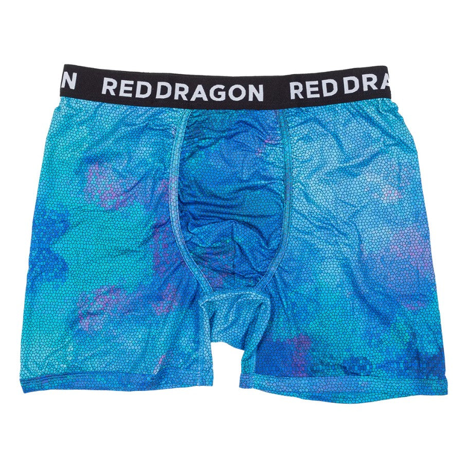 Blue boxer briefs with a black 'Red Dragon' waistband on a white background