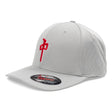 Gray cap with a red logo on a white background
