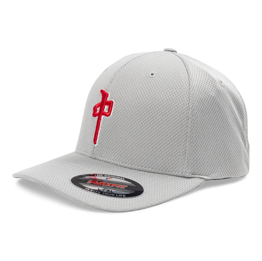 Gray cap with a red logo on a white background