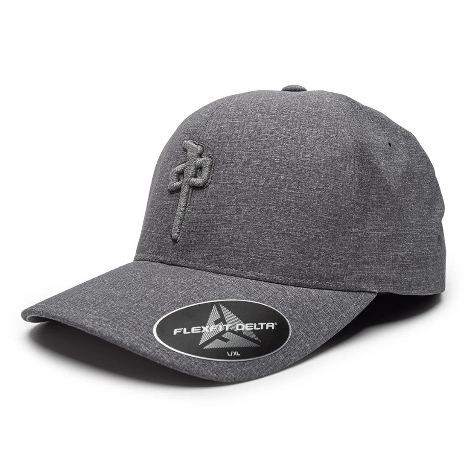 Gray cap with embroidered logo and Flexfit Delta label on a white background