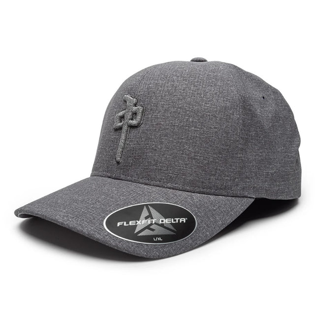 Gray cap with embroidered logo and Flexfit Delta label on a white background