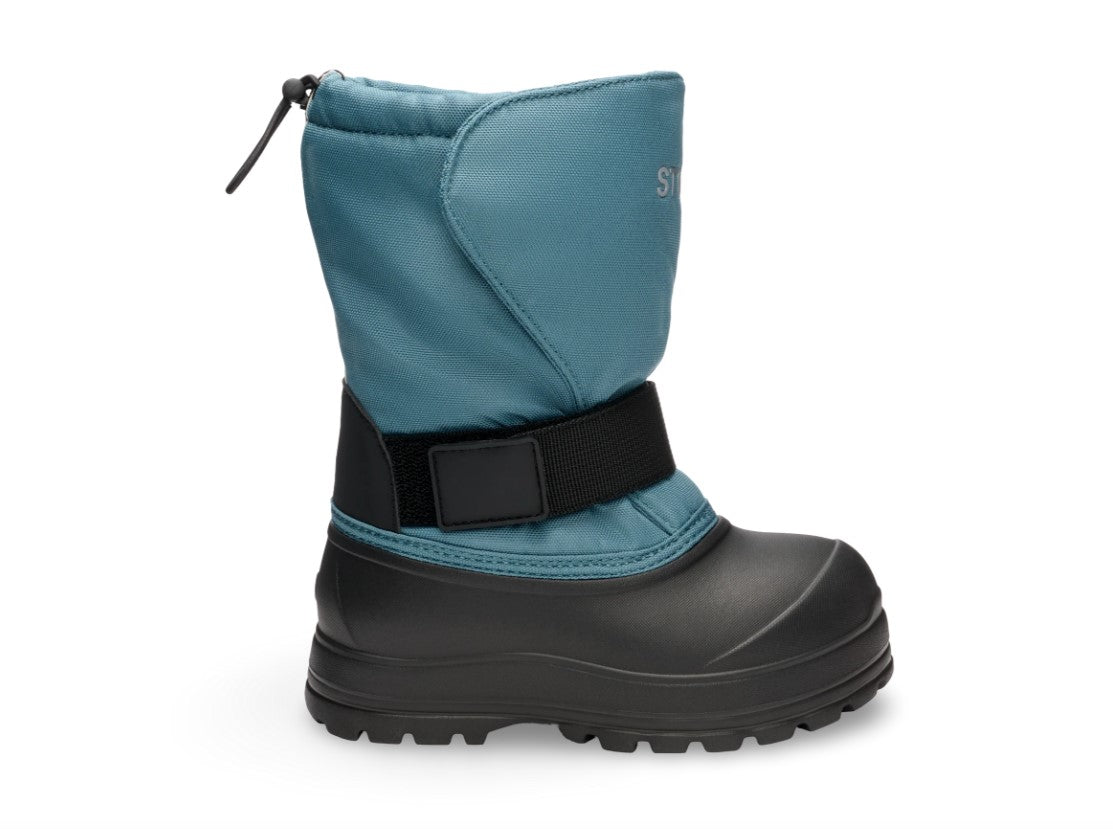 Blue and black winter boot on a white background