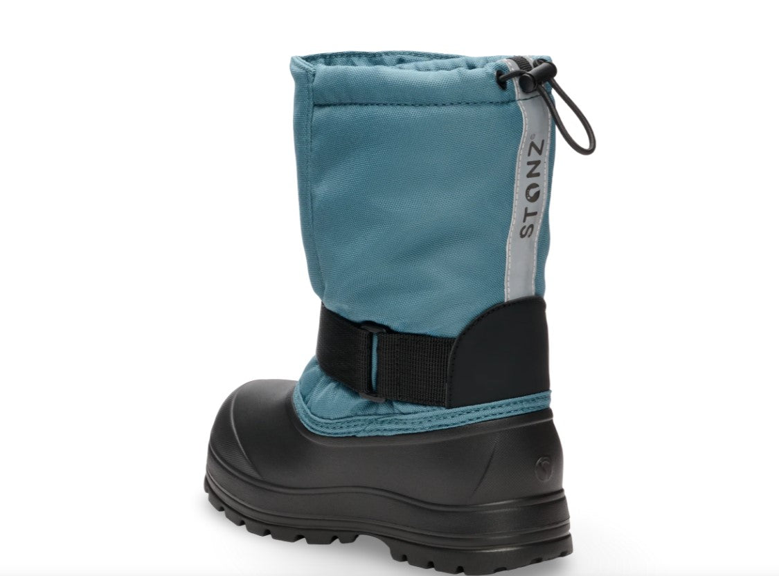 Blue winter boot with black sole on a white background