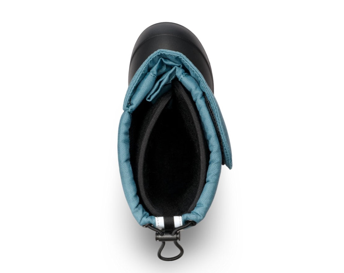 Blue winter boot with black lining on a white background