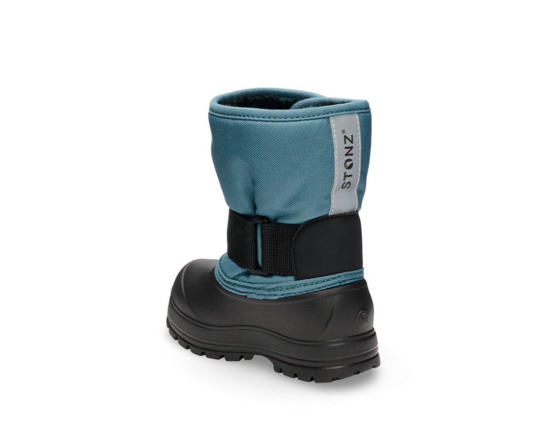 Blue and black winter boot with Stonz branding on a white background