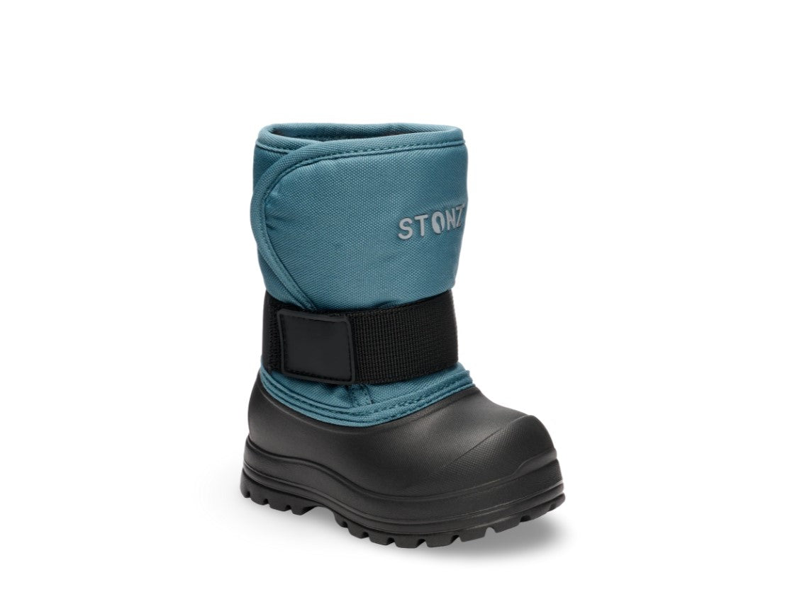 Blue and black winter boot with 'Stonz' branding on a white background