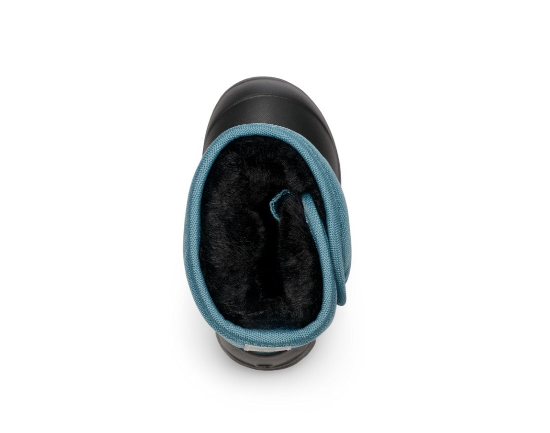 Black and blue winter boot with fur lining on a white background