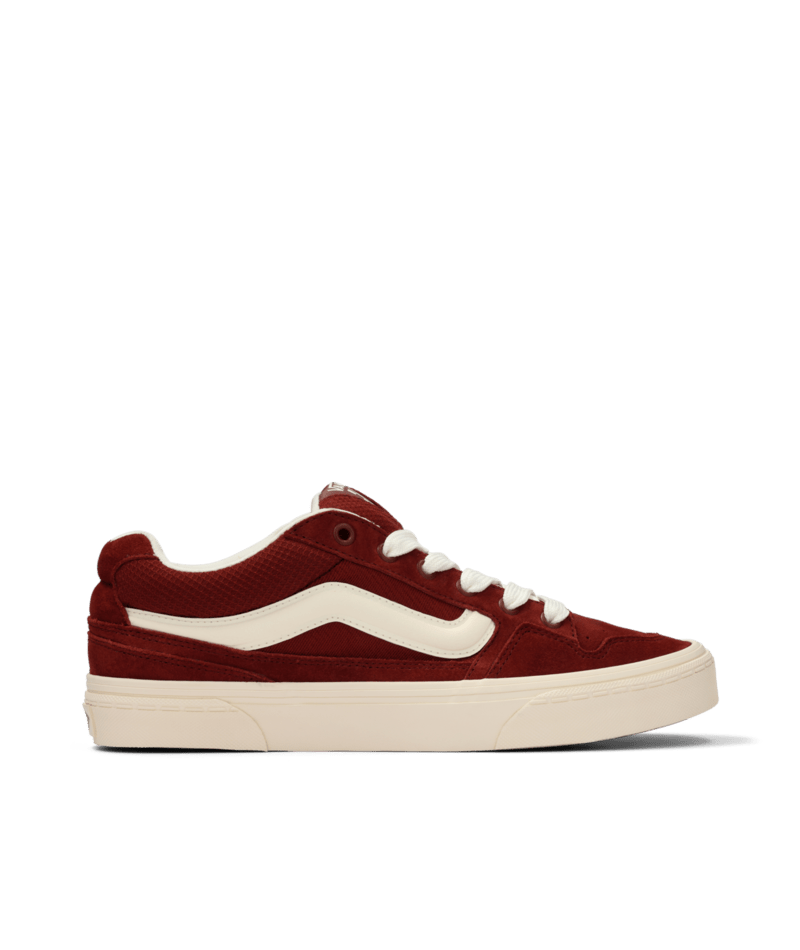 Maroon and white Vans sneaker on a transparent background.  Can be purchased at www.sneakersplus.ca