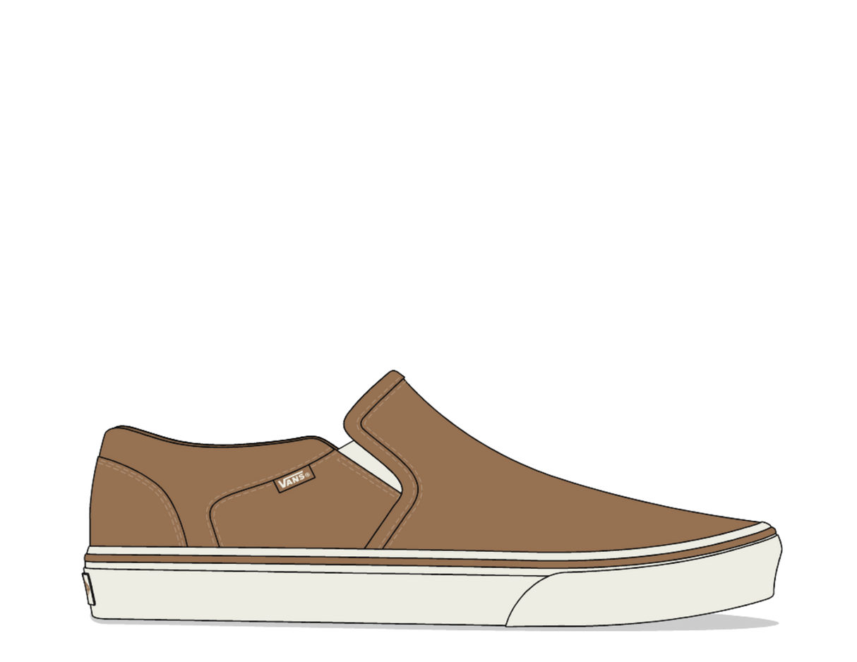 Brown slip-on shoe with white sole on a white background