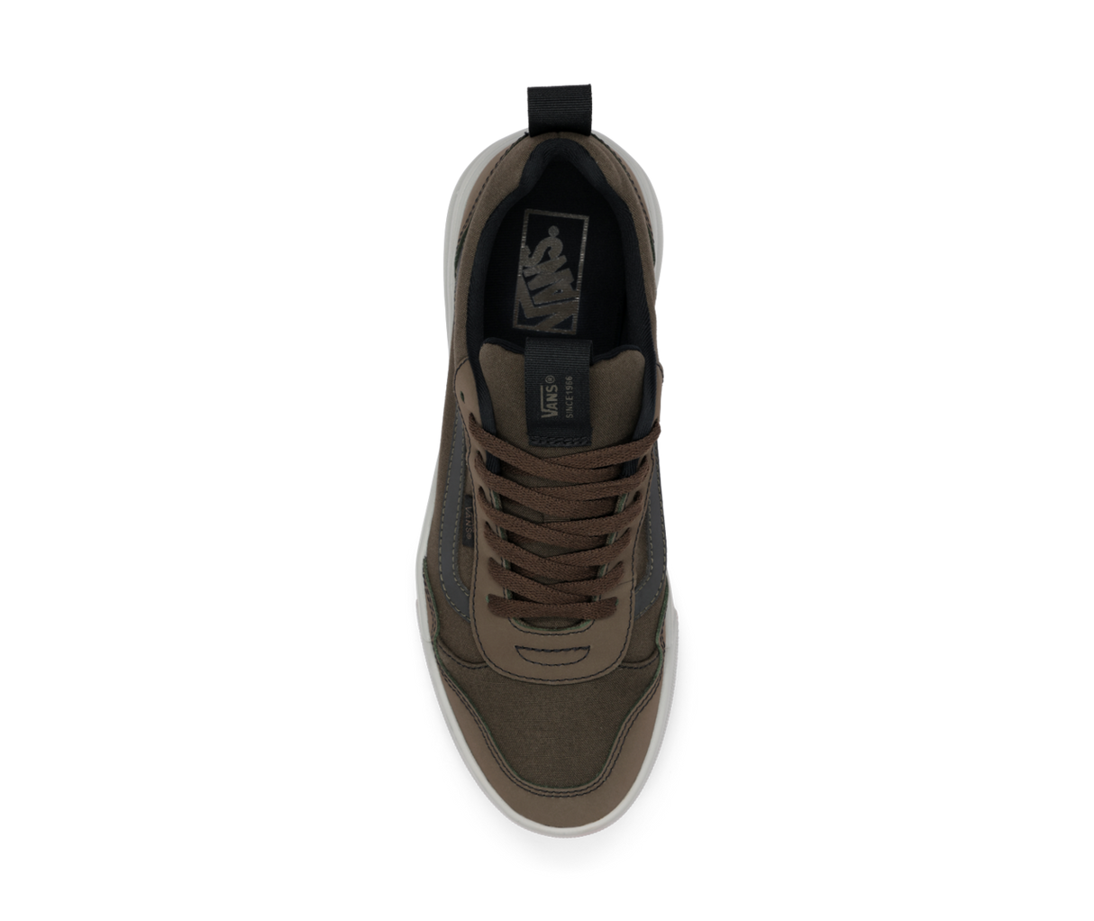 Brown sneaker with black accents on a white background