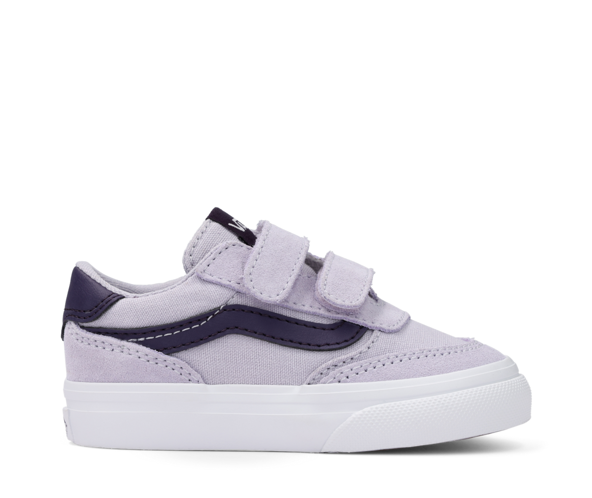 Purple and white sneaker with velcro straps on a white background