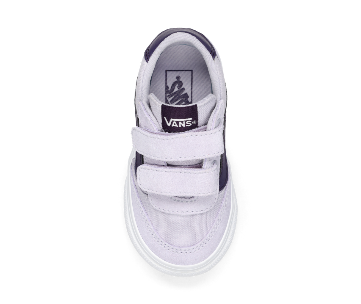 light purple Vans sneakers with dark purple accents on a white background