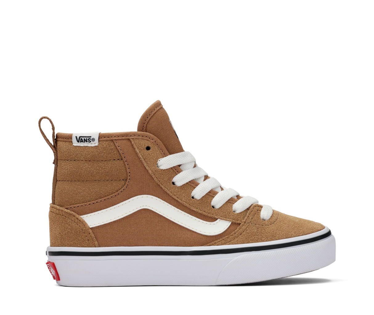 Brown Vans sneaker with white laces on a white background