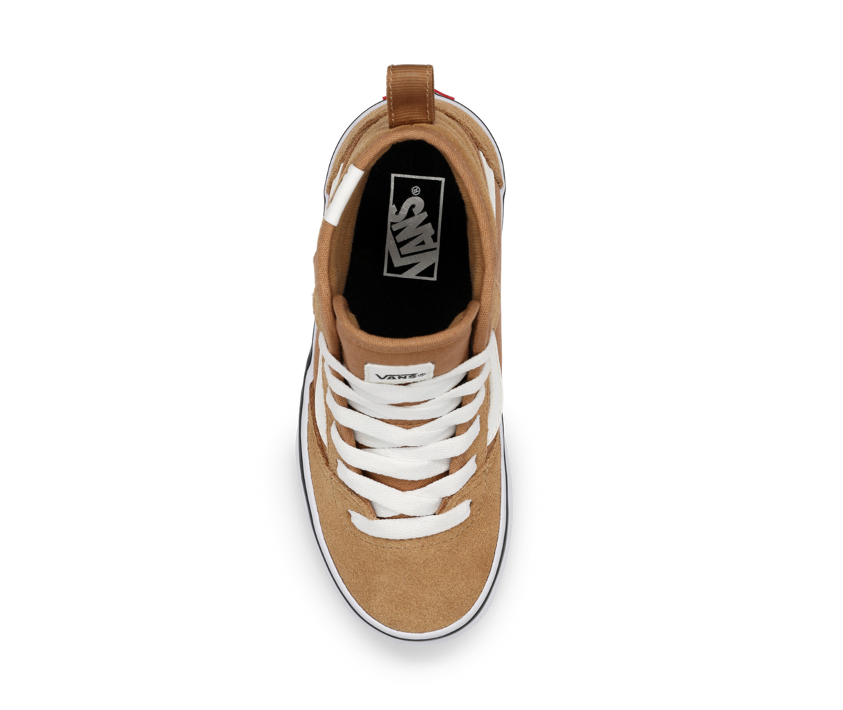 Tan sneaker with white laces on a white background